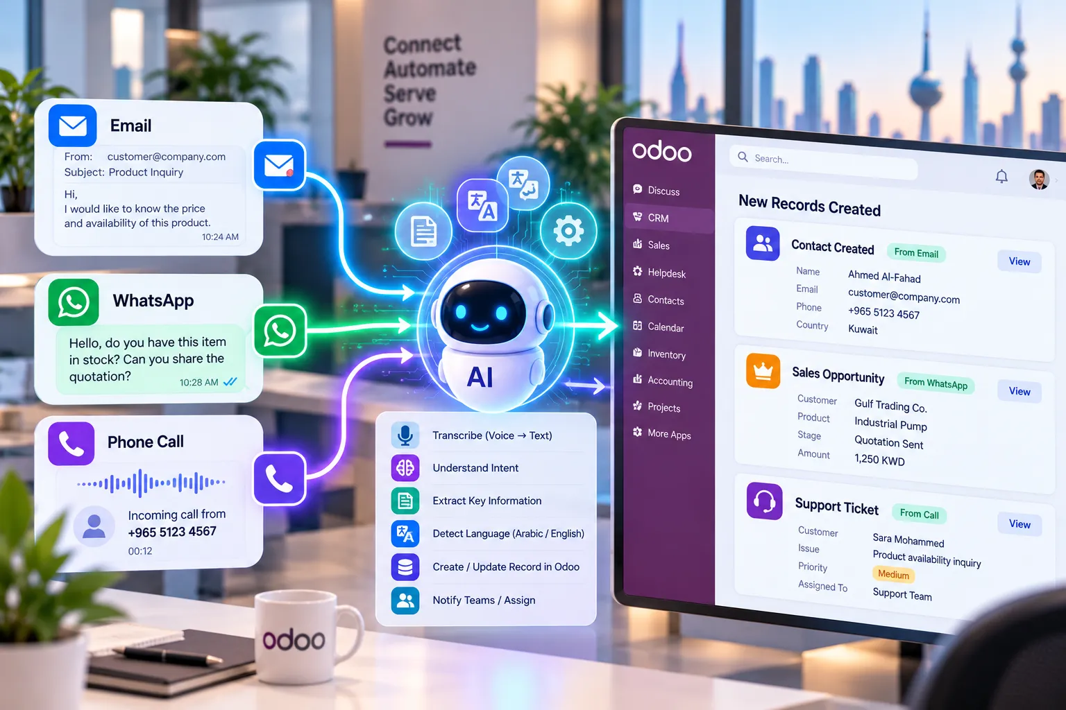 AI business automation dashboard handling calls, chats and workflows for a Kuwait company