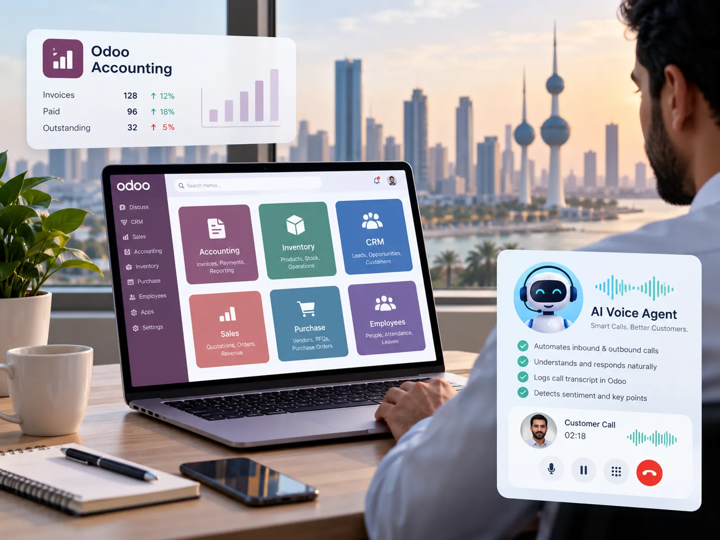 Odoo ERP and AI automation dashboard for a Kuwait business