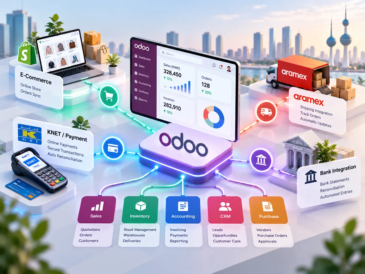 Odoo ERP integrated with payment, e-commerce and shipping systems for a Kuwait business