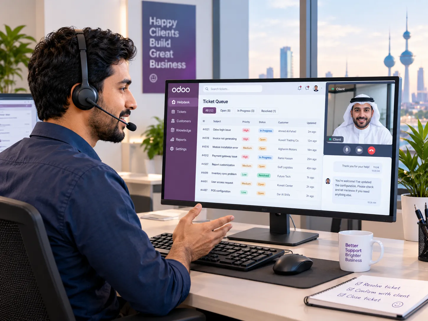 CentrixPlus Odoo support team helping a Kuwait client over a call